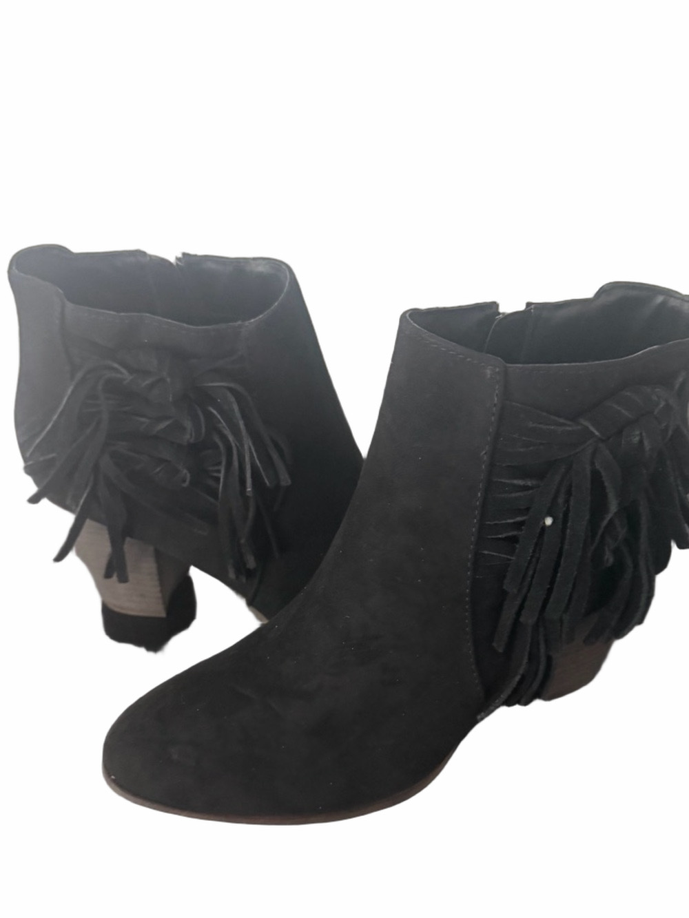 Fergalicious Black Suede Fringe Ankle Boots - Women's Block Heel Western Boho